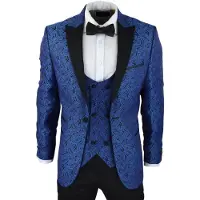 TruClothing Heren blauwe smoking blazer vest brokaat zwart satijn paisley dinerjack