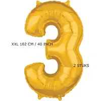 TGL Mega grote XXL gouden folie ballon cijfer 3 jaar. 102 cm 40 inch. Leeftijd verjaardag 3. Met rietje om op te blazen. 2 stuks