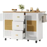Merax Keukeneiland - Buffetkast en Keukenmeubel met Opbergruimte - Uitklapbaar Tafelblad - Met Wieltjes - Handdoekhouder en Kruidenrek - 147x70x90 cm - Wit