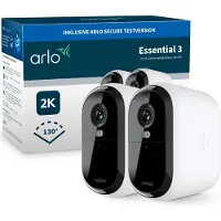 Arlo VMC3282-100EUS Draadloze wifi beveiligingscamera voor buiten Essential 3 2K XL, 2-camerapakket, 24 maanden batterijduur, Kleuren nachtzicht, Sirene en tweeweg-audio, Wit