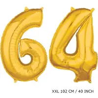 TGL Mega grote XXL gouden folie ballon cijfer 64 jaar. leeftijd verjaardag 64 jaar. 102 cm 40 inch. Met rietje om ballonnen mee op te blazen.