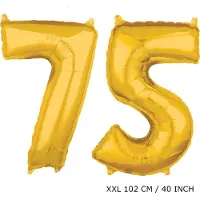 TGL Mega grote XXL gouden folie ballon cijfer 75 jaar. Leeftijd verjaardag 75 jaar. 102 cm 40 inch. Met rietje om ballonnen mee op te blazen.
