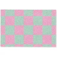 MuchoWow Deurmat 60x40 cm - Droogloopmat Schaakbord patroon - Groen - Roze - Blokjes - Mat voor binnen - Schoonloopmat - Deurmatten met print - Inloopmat