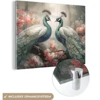 MuchoWow Glasschilderij 40x30 cm - Schilderij acrylglas - Pauwen - Pauwenveren - Vogels - Bloemen - Natuur - Foto op glas - Muurdecoratie woonkamer - Wanddecoratie slaapkamer - Schilderijen