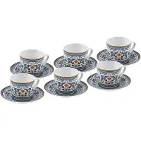 Karaca Beylerbeyi - 12-delige Porseleinen Turkse Koffiekopjes Set - 6 Persoons - 80 ml -Wit Blauw Multicolor