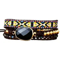Marama - wikkelarmband Aztec - damesarmband - bruin leer - edelsteen onyx - verstelbaar