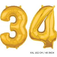 TGL Mega grote XXL gouden folie ballon cijfer 34 jaar. leeftijd verjaardag 34 jaar. 102 cm 40 inch. Met rietje om ballonnen mee op te blazen.