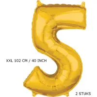 TGL Mega grote XXL gouden folie ballon cijfer 5 jaar. leeftijd verjaardag 5. 115 cm 40 inch. Met rietje om op te blazen. 2 stuks