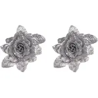 COSY&TRENDY Kerstboomversiering Bloemen - 2x - 10 cm - zilver glitter - op clip - ornament - roos