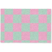MuchoWow Deurmat 90x60 cm - Droogloopmat Schaakbord patroon - Groen - Roze - Blokjes - Mat voor binnen - Schoonloopmat - Deurmatten met print - Inloopmat