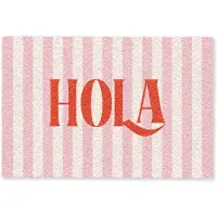 MuchoWow Deurmat 90x60 cm - Droogloopmat Hola - Quote - Strepen - Pastel - Roze - Rood - Wit - Mat voor binnen - Schoonloopmat - Deurmatten met print - Inloopmat
