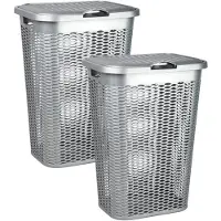PlasticForte Wasmand Ventilation - 2x - met deksel - zilver - kunststof - 51 liter - 43 x 35 x 61 cm - Badkamer - Wasgoed - Nieuw design - Zeer stevig