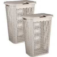 PlasticForte Wasmand Ventilation - 2x - met deksel - beige - kunststof - 51 liter - 43 x 35 x 61 cm - Badkamer - Wasgoed - Nieuw design - Zeer stevig