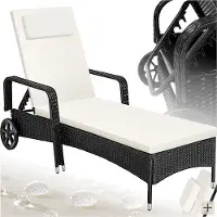 TecTake Wicker Ligbed - Compact Rubberen Wielen - Armleuningen - Rugleuning Verstelbaar in 6 standen - Tuinstoel Incl. lig- en hoofdkussen - Weerbestendig Zonnebed - Zwart/Beige