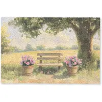 MuchoWow Deurmat 60x40 cm - Droogloopmat Houten bankje - Bloempotten - Landschap - Mat voor binnen - Schoonloopmat - Deurmatten met print - Inloopmat