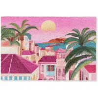 MuchoWow Deurmat 90x60 cm - Droogloopmat Stad - Roze - Palmbomen - Mat voor binnen - Schoonloopmat - Deurmatten met print - Inloopmat