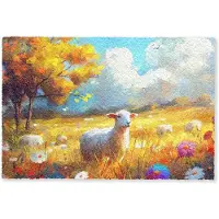 MuchoWow Deurmat 60x40 cm - Droogloopmat Schaap - Weide - Bloemen - Mat voor binnen - Schoonloopmat - Deurmatten met print - Inloopmat