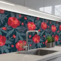 KitchenYeah Keuken achterwand 250x80 cm - Spatscherm zelfklevend Bloemen - Rood - Bladeren - Patronen - Muurbeschermer - Spatwand fornuis