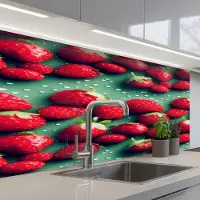 KitchenYeah Keuken achterwand 100x60 cm - Spatscherm zelfklevend Aardbeien - Rood - Groen - Kroontjes - Muurbeschermer - Spatwand fornuis