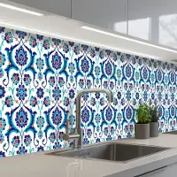 KitchenYeah Keuken achterwand 400x60 cm - Spatscherm zelfklevend Bloemen - Patronen - Blauw - Muurbeschermer - Spatwand fornuis