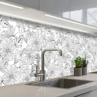 KitchenYeah Keuken achterwand 300x60 cm - Spatscherm zelfklevend Bloemen - Zwart - Wit - Design - Flora - Muurbeschermer - Spatwand fornuis