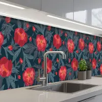 KitchenYeah Keuken achterwand 500x80 cm - Spatscherm zelfklevend Bloemen - Rood - Bladeren - Patronen - Muurbeschermer - Spatwand fornuis