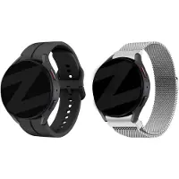 Bandz Bundel – siliconen bandje ‘Extreme’ zwart + zilveren Milanese loop band – geschikt voor Samsung Galaxy Watch 7 / 6 / 5 / 4 / Watch FE (40mm & 44mm / Classic / Pro)