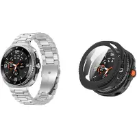 Strap-it Stalen schakel band Zilver + Hard case hoesje met screenprotector glas Zwart – geschikt voor Samsung Galaxy Watch 8 Classic 46mm – luxe & optimale bescherming