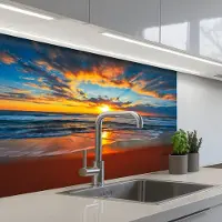 KitchenYeah Keuken achterwand 80x60 cm - Spatscherm zelfklevend Zee - Zonsondergang - Strand - Wolken - Oranje - Muurbeschermer - Spatwand fornuis