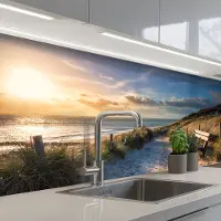 KitchenYeah Keuken achterwand 150x80 cm - Spatscherm zelfklevend Zonsondergang - Strand - Duin - Gras - Bank - Muurbeschermer - Spatwand fornuis