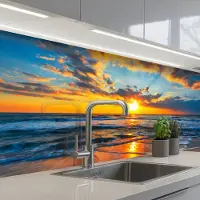 KitchenYeah Keuken achterwand 200x60 cm - Spatscherm zelfklevend Zee - Zonsondergang - Strand - Wolken - Oranje - Muurbeschermer - Spatwand fornuis