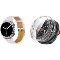 Strap-it Bundel – Leren Smartwatch Band met Gespsluiting (Roze) + Hard Case met Screenprotector Glas (Transparant) geschikt voor Samsung Galaxy Watch 8 Classic (46mm)
