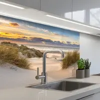 KitchenYeah Keuken achterwand 80x60 cm - Spatscherm zelfklevend Strand - Duin - Gras - Zonsondergang - Zee - Muurbeschermer - Spatwand fornuis