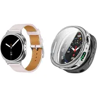 Strap-it Bundel – Leren Smartwatch Band met Gespsluiting (Roze) + TPU Soft Case Beschermhoes (Zilver) geschikt voor Samsung Galaxy Watch 8 (44mm)