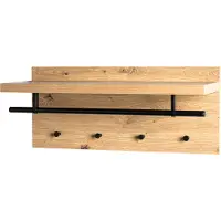 Haku wandkapstok, 4 haken, elk met 3 kg draagvermogen, kledingstang, hoedenplank, B 750 x D 260 x H 300 mm, hout/metaal, licht eiken decor/zwart