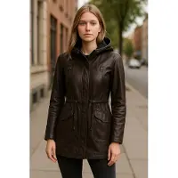 Infinity Leather Dames bruine leren parka met capuchon - Clare