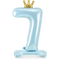 Party Deco Partydeco - Staande folieballon Cijfer 7 Sky-Blue met kroon 84 cm