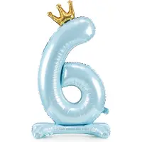 Party Deco Partydeco - Staande folieballon Cijfer 6 Sky-Blue met kroon 84 cm