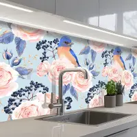 KitchenYeah Keuken achterwand 250x80 cm - Spatscherm zelfklevend Patronen - Roos - Vogel - Blauw - Muurbeschermer - Spatwand fornuis