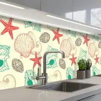 KitchenYeah Keuken achterwand 250x60 cm - Spatscherm zelfklevend Schelpen - Zeester - Strand - Vintage - Patroon - Muurbeschermer - Spatwand fornuis