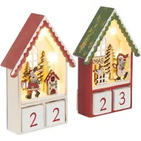J-Line decoratie Huis Adventskalender - multiplex - rood/donkergroen - 2 stuks - LED