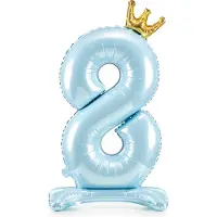 Party Deco Partydeco - Staande folieballon Cijfer 8 Sky-Blue met kroon 84 cm