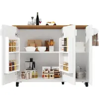 Merax Keukeneiland met Uittrekbaar Werkblad - Opvouwbare Keukenwagen op Wielen met Handdoekhouder, Kruidenrek en Verstelbare Schappen - 3 Deuren - Houtlook - Wit-Zwart - 130x45(75)x92 cm