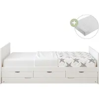 Sunny Eli Kinderbed van Hout met 3 Lades in Wit | Kajuitbed met Uitschuifbed Inclusief Hybrid Matras 90x200 (14 cm, Hybrid foam, polyester hoes) | Volledige afmetingen (LxBxH): 206,5 x 97 x 75 cm