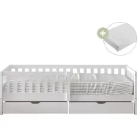 Sunny Isa Kinderbed van Hout met 2 Lades | Bed in Wit Inclusief Hybrid Matras 90x200 (14 cm, Hybrid foam, Polyester Hoes) | Kajuitbed met Valbeveiliging | Volledige afmetingen 206 x 98 x 65 cm