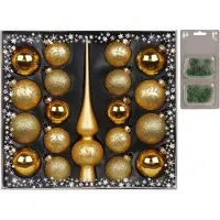 Inge-glas Kerstboom versiering set 19-delig met glazen kerstballen en piek goud - Inclusief 40x groene kerstbalhaakjes