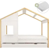 Sunny Beau Bedhuisje van Hout met Opberglade in Bruin/Wit | Kinderbed met Lade | Kajuitbed Inclusief Hybrid Matras 90x200 | Volledige afmetingen (LxBxH): 208 x 97 x 171 cm