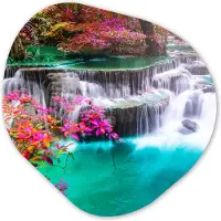 MuchoWow Organische wanddecoratie 90x90 cm - Organisch schilderij Waterval - Zon - Bomen - Regenboog - Natuur - Muurdecoratie woonkamer - Kamer decoratie - Schilderijen - Muurcirkel aesthetic