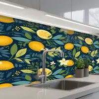 KitchenYeah Keuken achterwand 150x80 cm - Spatscherm zelfklevend Bloemen - Bladeren - Citroenen - Blauw - Muurbeschermer - Spatwand fornuis