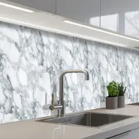 KitchenYeah Keuken achterwand 500x80 cm - Spatscherm zelfklevend Mozaïek - Marmer print - Wit - Onregelmatig - Muurbeschermer - Spatwand fornuis